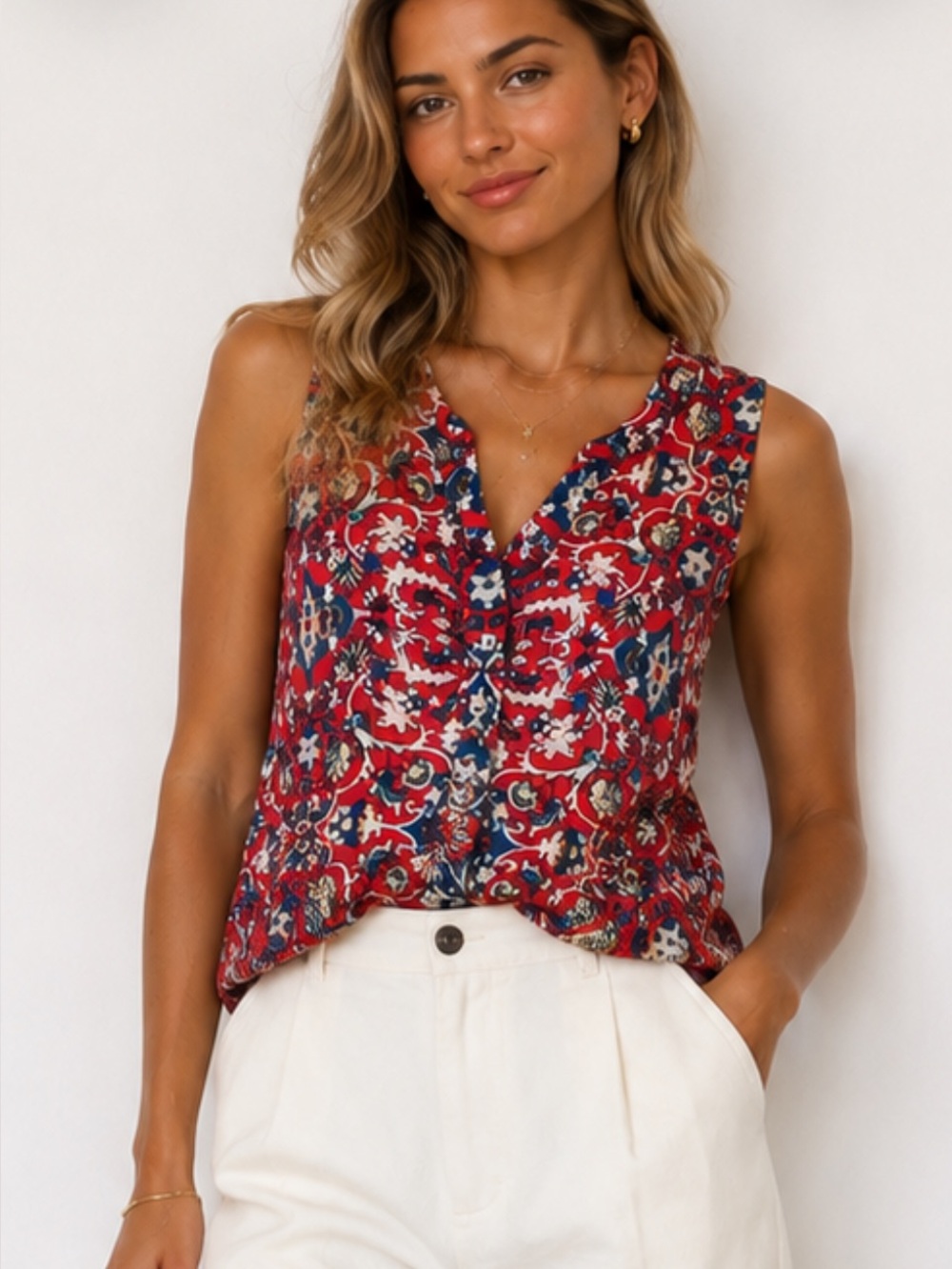 Tolani 100% Silk Crepe Pink Blue Abstract Floral Print Blouse Top Small V-neck